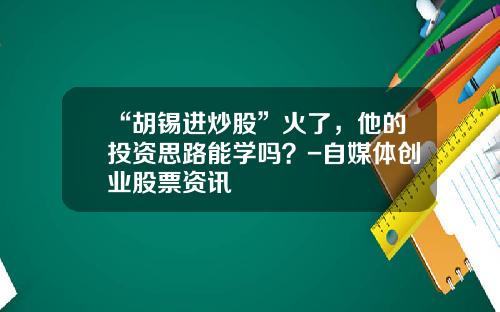 “胡锡进炒股”火了，他的投资思路能学吗？-自媒体创业股票资讯