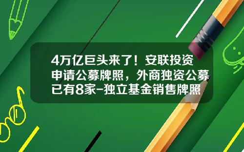 4万亿巨头来了！安联投资申请公募牌照，外商独资公募已有8家-独立基金销售牌照